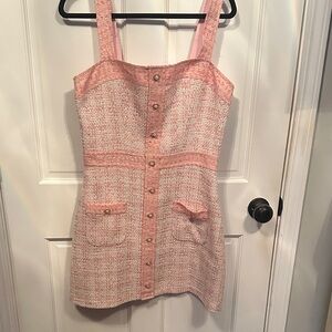 Stunning Amanda Uprichard pink tweed dress with pearl like and gold buttons.